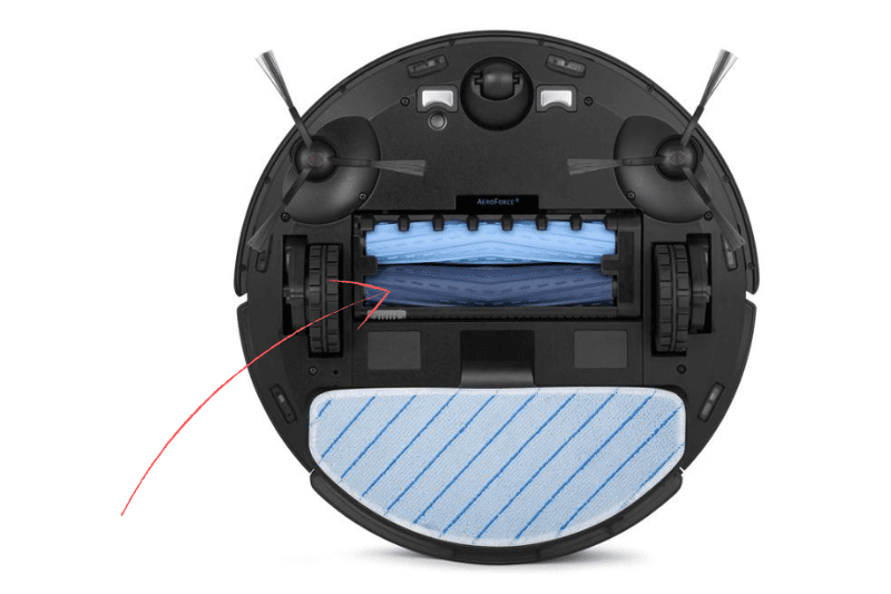 Der Ecovacs Deebot T9 AIVI ist samt den beiden Gummibürsten von unten zu sehen